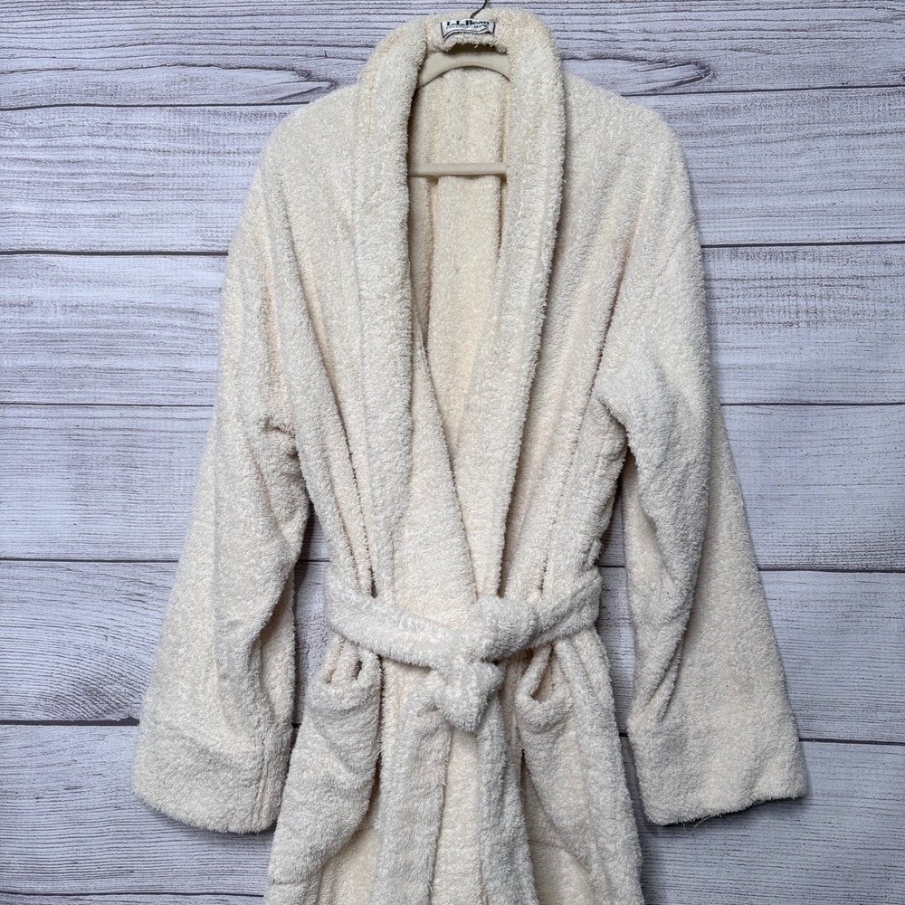 LL Bean Mens Vintage Terry Cloth Robe Cream Cotton Made in USA Large Regular